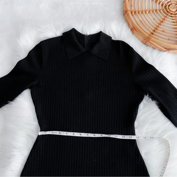 St. John Point Collar Ribbed Mini Dress Long Sleeve Black Wednesday Addams - Picture 9 of 11